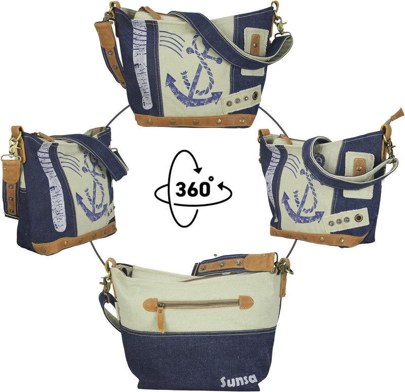 Sunsa Damen Tasche Umhängetasche. kleine Canvas Bag mit Recycelte Jeans und Leder. Vintage Design Ta