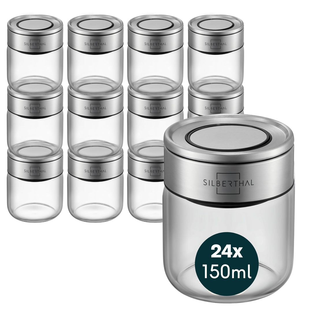 SILBERTHAL Gewürzglas 24er Set 150 ml Rund - mit Klickdeckel stapelbar - Vorratsglas mottensicher fü