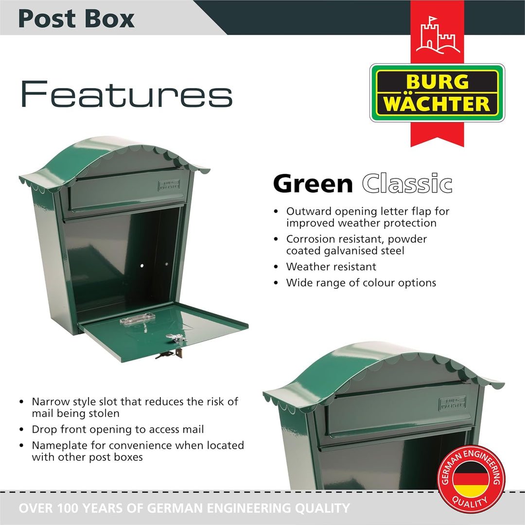 Burg-Wächter Classic Post Box Green Klassischer Briefkasten, grün, MB01G, 36x37x13cm, Grün