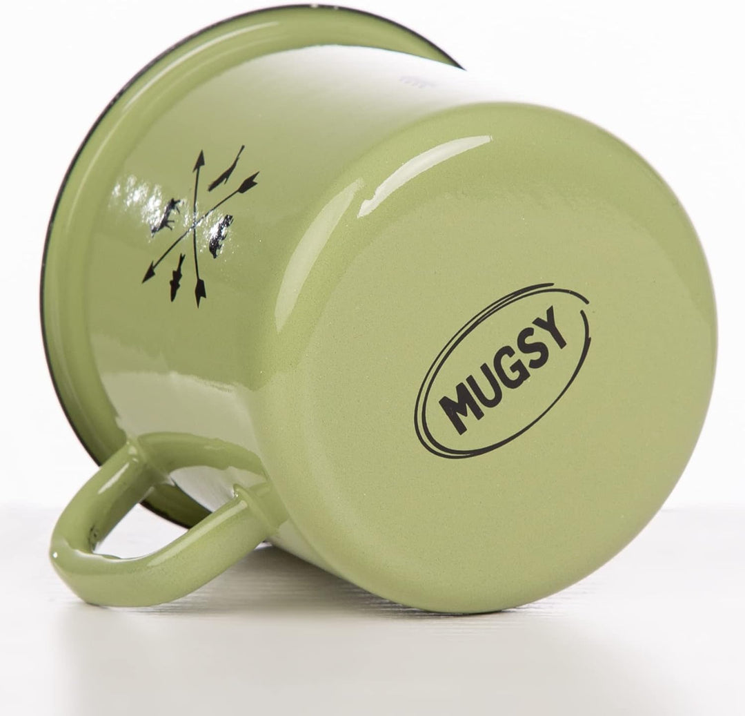 MUGSY Emaille Tasse mit Spruch The Adventure Begins, 330 ml, Camping Tasse, Camping Ausrüstung, Retr