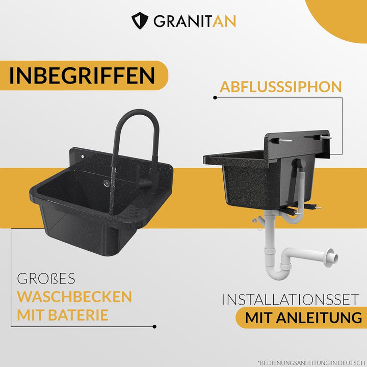 Granitan Ausgussbecken für Garage Keller Werkstatt und Waschküche - Universal Waschtrog mit Siphon -