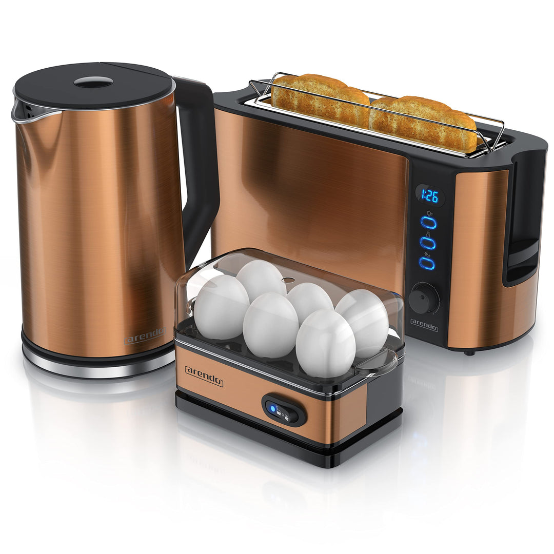 Arendo - Wasserkocher und Toaster SET und Eierkocher, Edelstahl Kupfer Wasserkocher 1,5L 40° -100°C