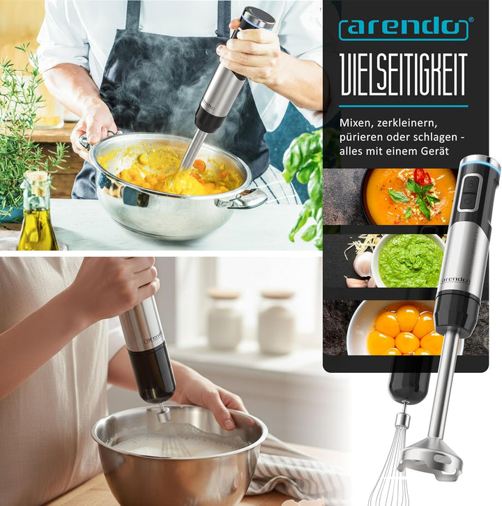 Arendo - Stabmixer kabellos - 200 Watt – mit Akku - Edelstahl Handmixer – Pürierstab – Schneebesen –