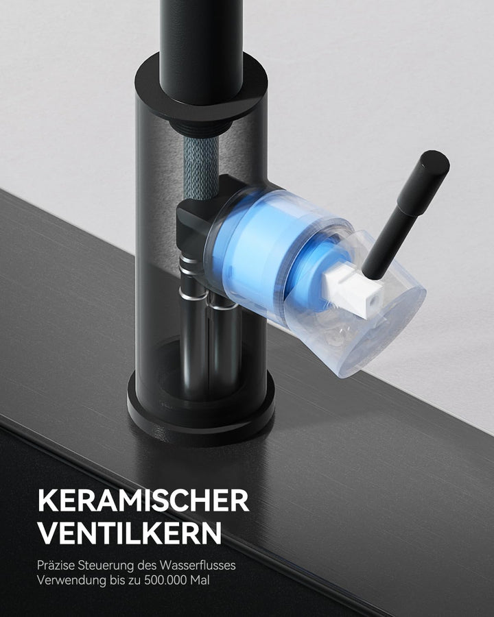 Wasserhahn Küche Schwarz, Hochdruck Küchenarmatur Ausziehbar | Mit Brause Zwei Wasserstrahlarten, 36