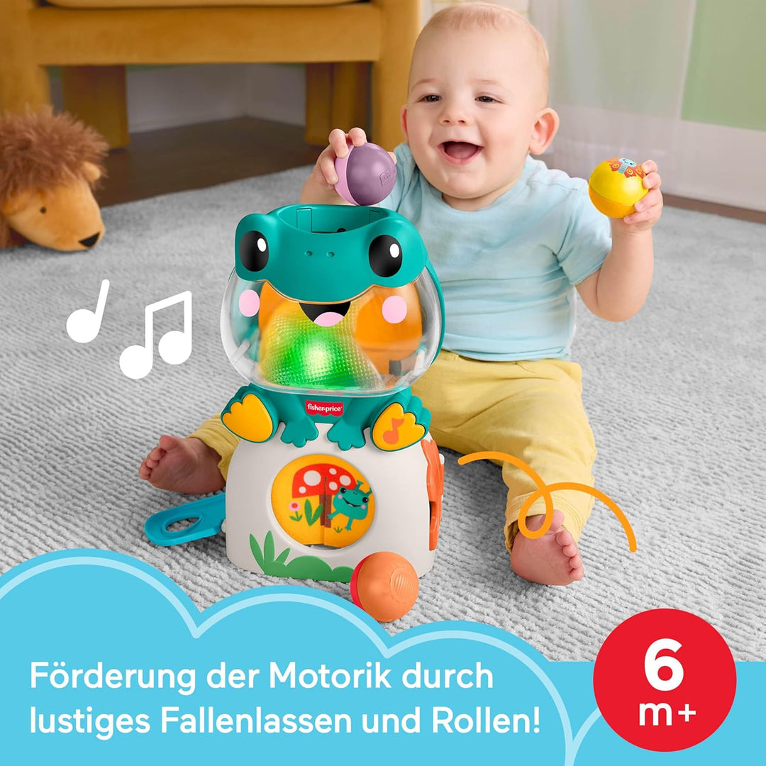 Fisher-Price Babyspielzeug leuchtender und rollender Frosch, musikalischer Kugelspass mit 3 Kugeln,