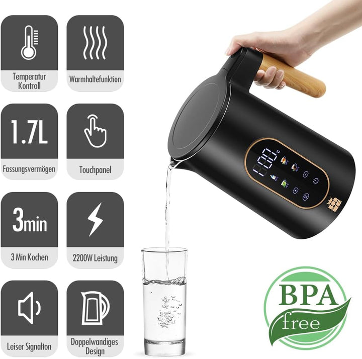 ForMe Edelstahl Wasserkocher 1,7 L mit Temperatureinstellung Temperaturwahl 40-100°C I LED Digitale