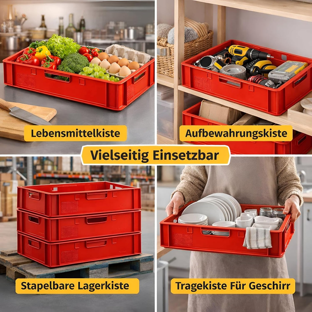 BURI 10 Stück Fleischkiste E1 Lagerkiste 60x40x12,5 cm Metzgerkiste Eurobox Rot - flache Stapelkiste