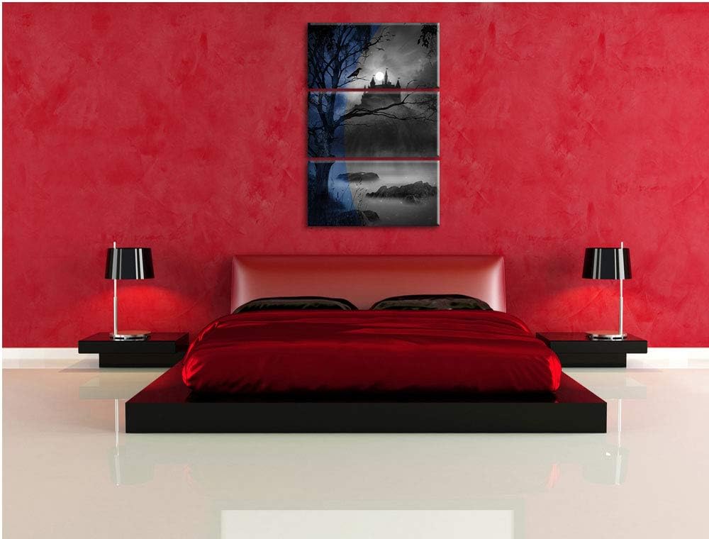 Düsterer Wald mit Burg bei Nacht schwarz/weiss 3-Teiler Leinwandbild 120x80 Bild auf Leinwand, XXL r