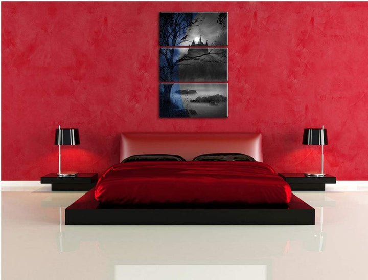 Düsterer Wald mit Burg bei Nacht schwarz/weiss 3-Teiler Leinwandbild 120x80 Bild auf Leinwand, XXL r