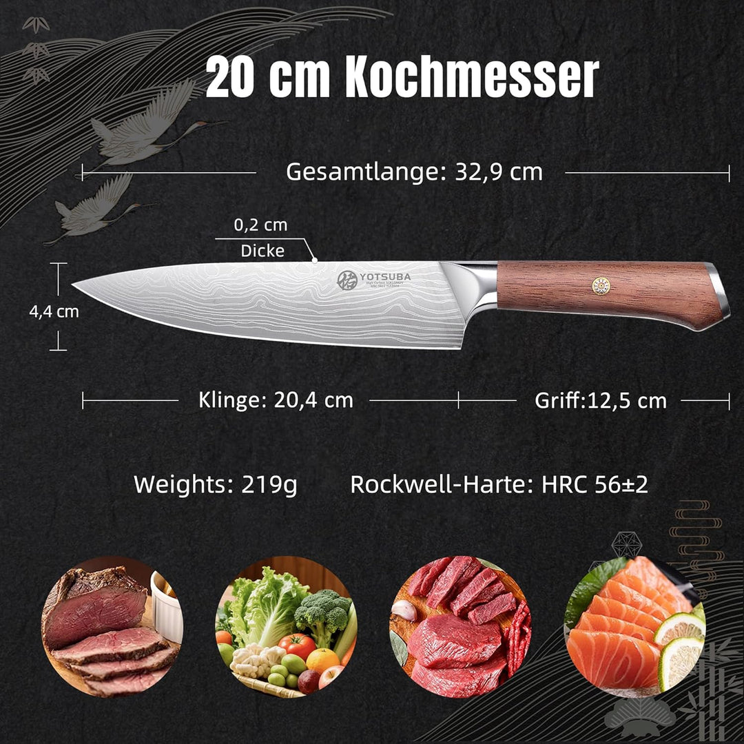 YOTSUBA Profi Küchenmesser, 20cm Klingenlänge, Scharfes Küchenmesser Kochmesser Fleischmesser mit Er