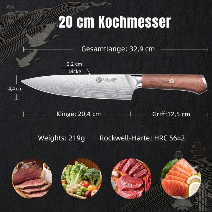 YOTSUBA Profi Küchenmesser, 20cm Klingenlänge, Scharfes Küchenmesser Kochmesser Fleischmesser mit Er