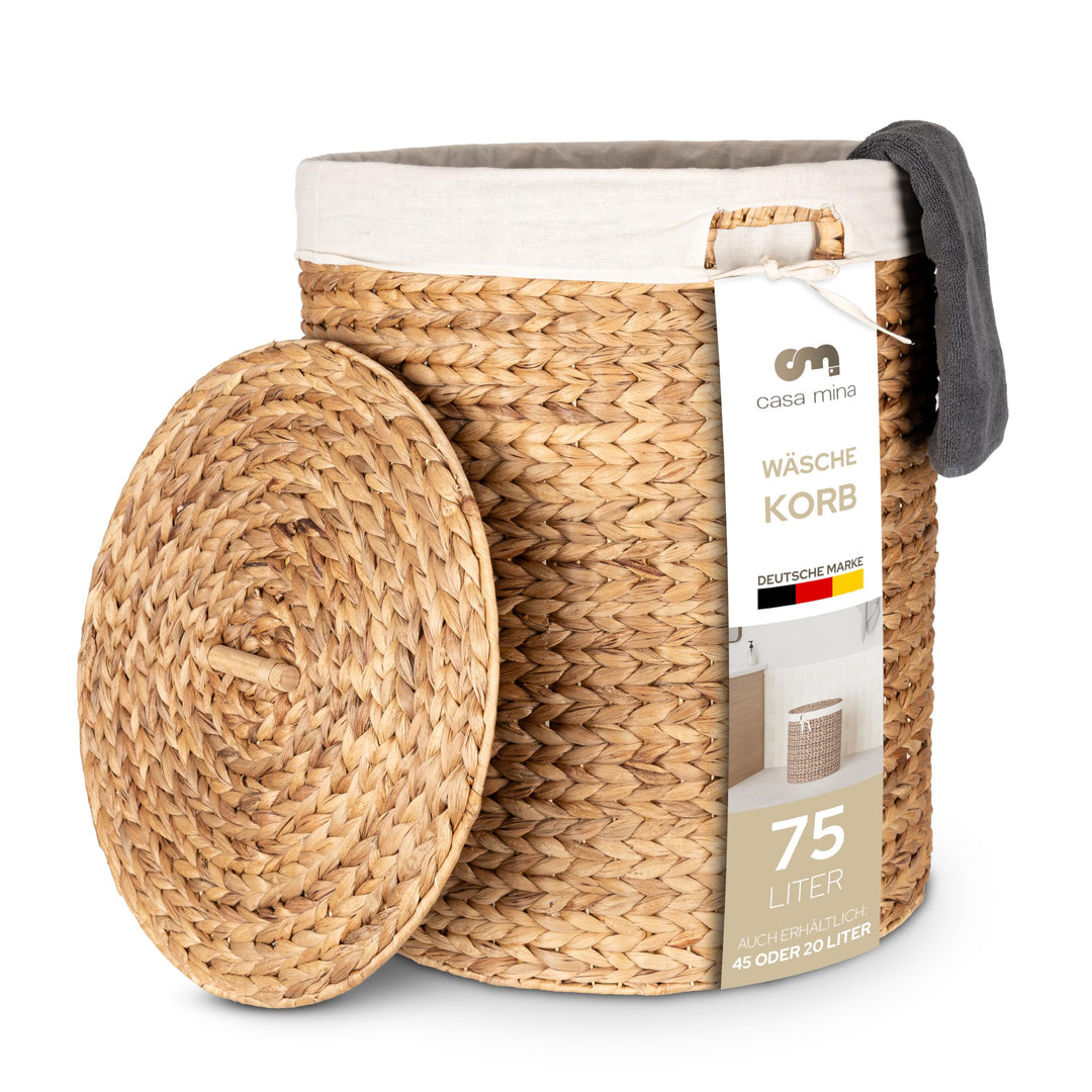 Casa Mina® Wäschesammler mit Deckel D45 x H55cm hoch I Atmungsaktiver Wäschekorb geflochten aus 100%