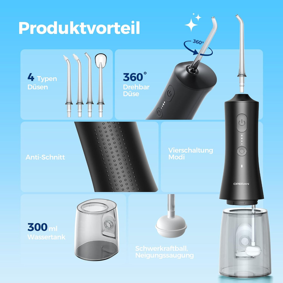 Operan Munddusche Kabellos, Tragbar Elektrische Zahndusche, 300ML Oral Irrigator Munddusche Testsieg