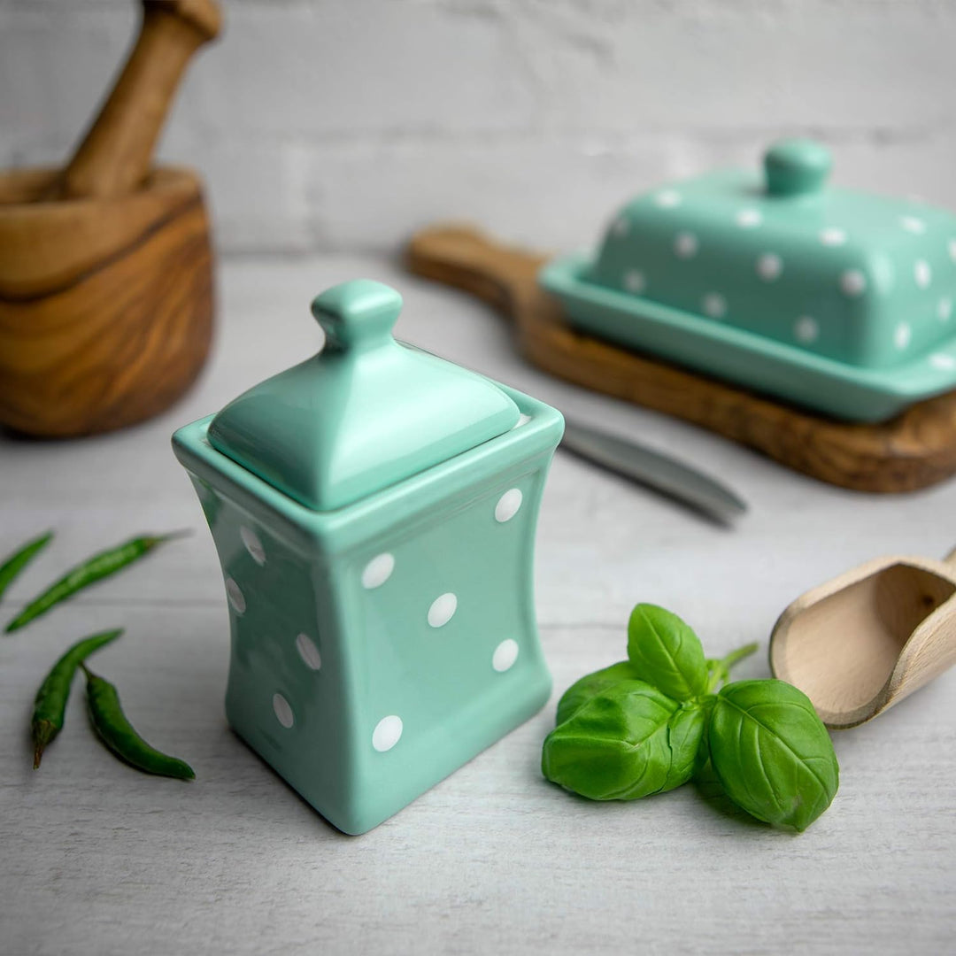 City to Cottage® - Keramik Behälter Küche 150 ml | Türkis und Weiss | Polka Dots | Handgemacht | Beh