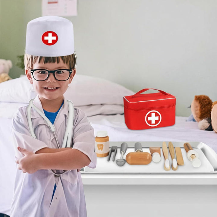 Arztkoffer Kinder Holz Spielset - Mit echtem Stethoskop, Arztkittel und Doktortasche in Rot, perfekt