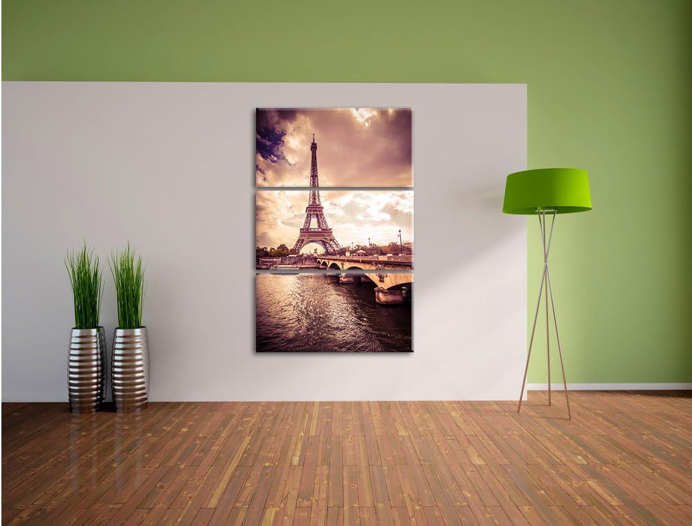 Pixxprint Eiffelturm in Paris / 3-Teilig/Gesamtmass 120cm Leinwandbild bespannt auf Holzrahmen/Wandb