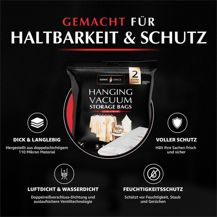 GENIE SPACE Hängende Vakuumbeutel - 2er Pack, Extra lang 145x70cm | platzsparender Garderoben Vakuum