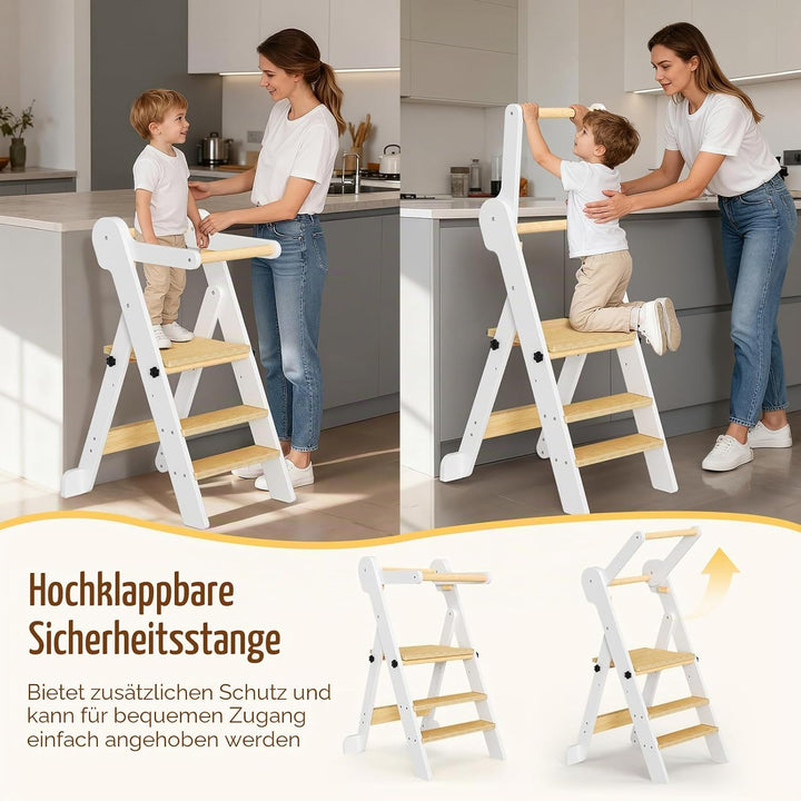 Kinder Lernturm klappbar Tower Mit Netzbeutel,Faltbarer Montessori Lernturm, 2-stufiger Höhenverstel