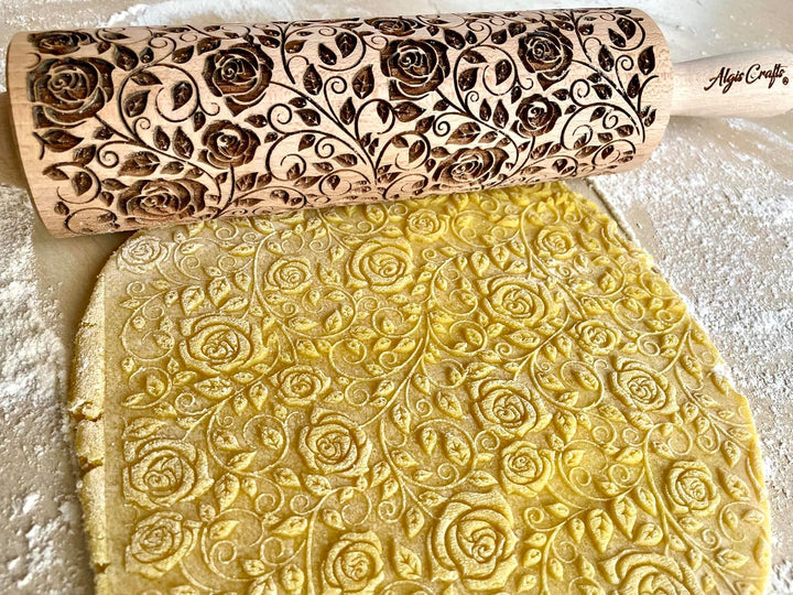 DAMASCUS ROSEN Nudelholz. Teigrolle mit Rosen für Hausgemachtes Gebäck. Teigroller mit Blumen. Gravi