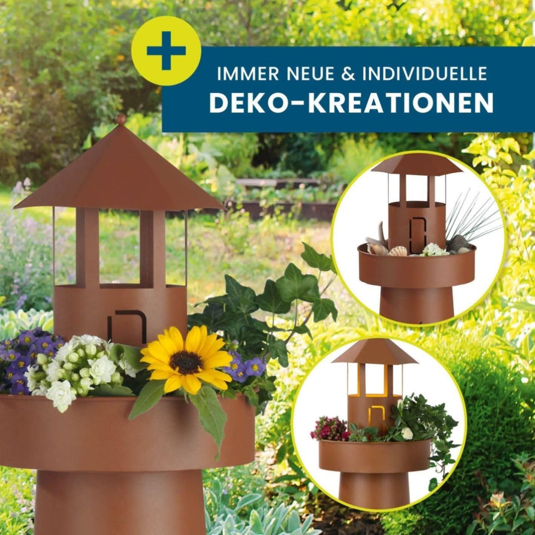 Hoberg LED Pflanzsäule im Leuchtturm Design und maritimer Stanzung in Rost-Optik | In- und Outdoor g