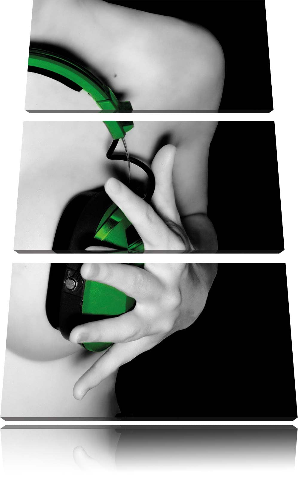 Dark Sexy Girl grüne Kopfhörer schwarz/weiss 3-Teiler Leinwandbild 120x80 Bild auf Leinwand