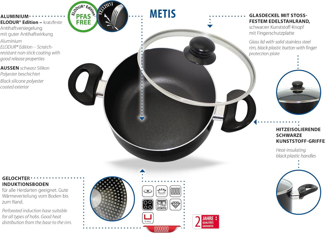 Topfset Metis 4 teilig, hochwertiges Aluminium, ELODUR® Edition Antihaftversiegelung, backofenfest u
