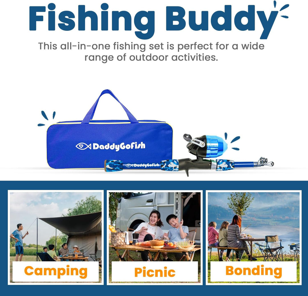 DaddyGoFish Kinder Angelset - Teleskoprute & Rolle Combo mit Klappstuhl, Rutenhalter, Tackle Box, Kö