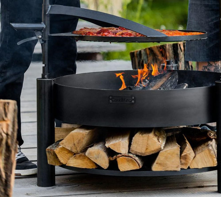 CookKing Feuerschale Montana X 60 mit Holzlager und Zubehör aus Rohstahl Ø 60 cm handgeschweisst wet