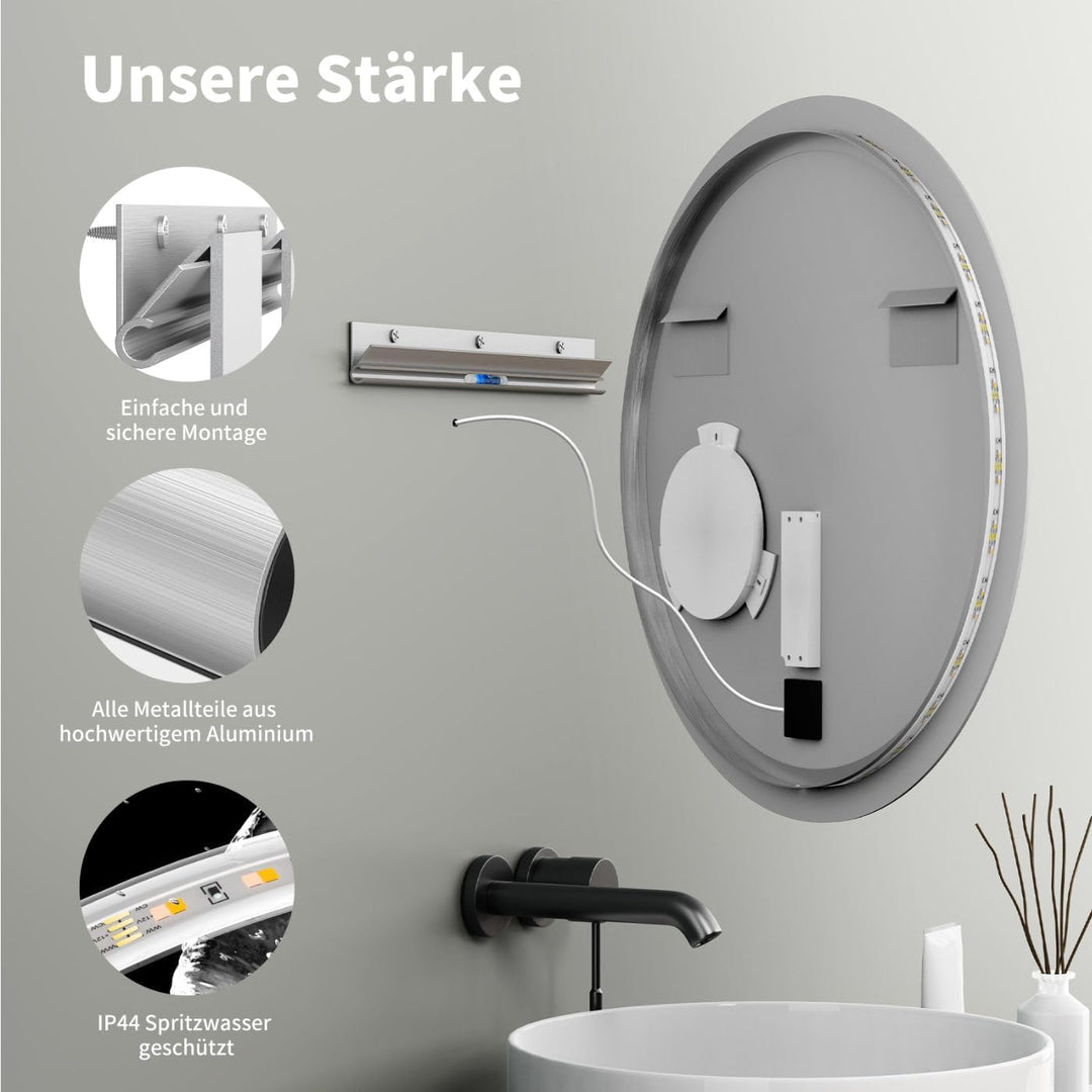 HOKO® Runder LED Badspiegel 80cm Hamburg. Designspiegel mit KOSMETIKSPIEGEL 3-Fach, Bad Spiegel LED