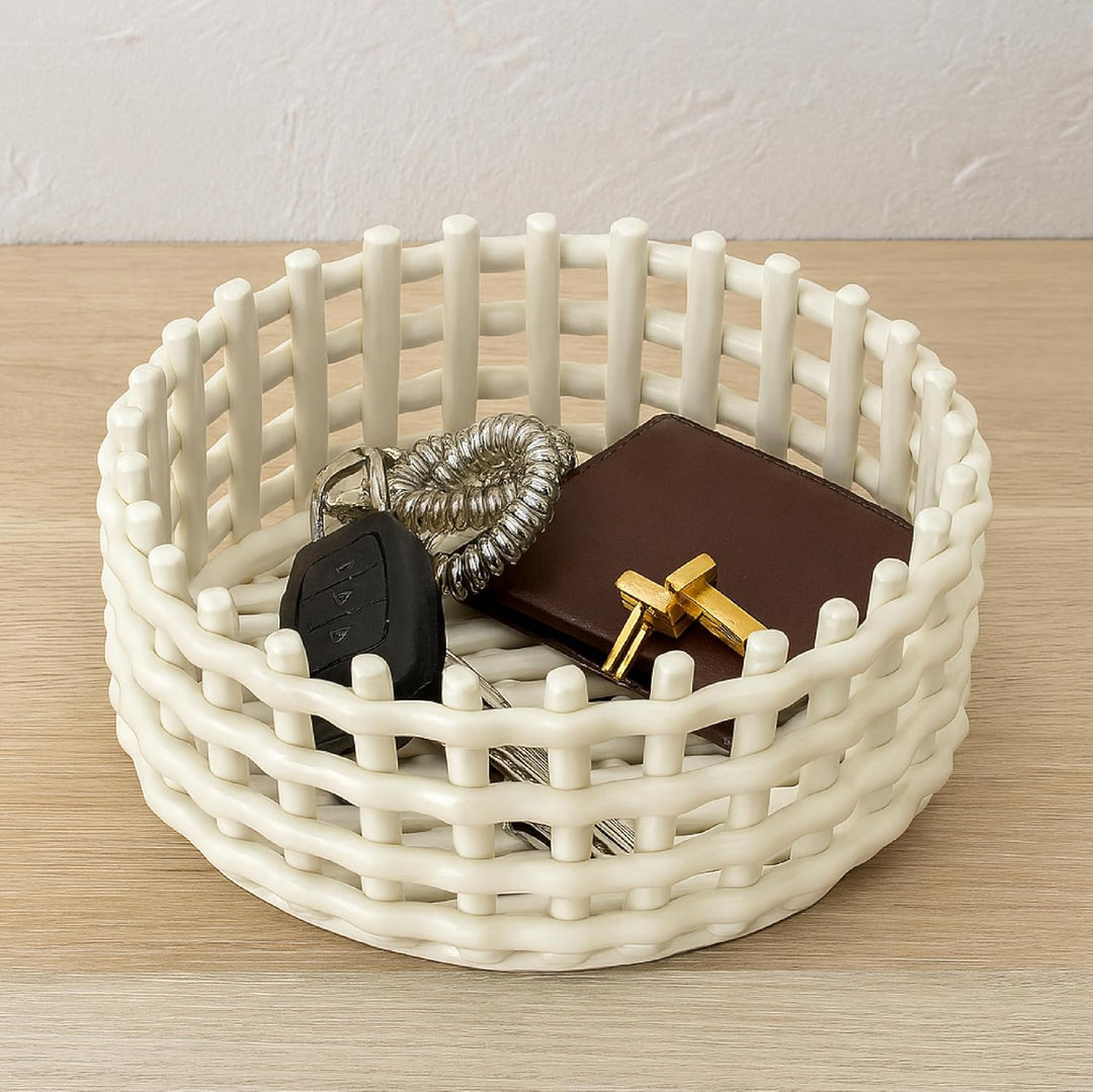 Baroni Home Geflochtener Mehrzweckkorb aus Keramik, Obstschale, Tischdeko, Taschenleerer, rund, weis