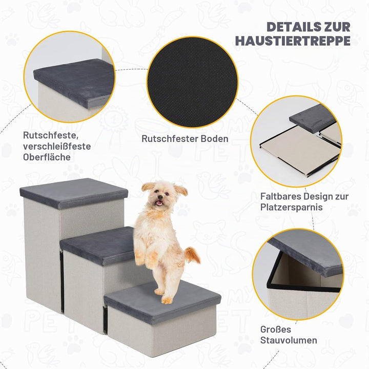 Haustiertreppe 3 Stufen für Hunde Katzen, Faltbare Hundetreppe mit viel Stauraum auch als Katzentrep