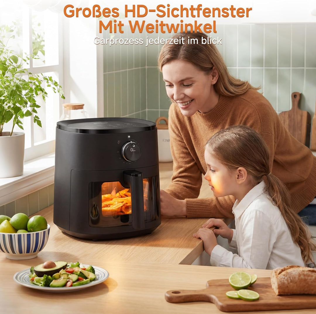 SIMPLUS Heissluftfritteuse 5L mit Sichtfenster, 1300W Airfryer, leise 43,2 dB, platzsparend, Heisslu