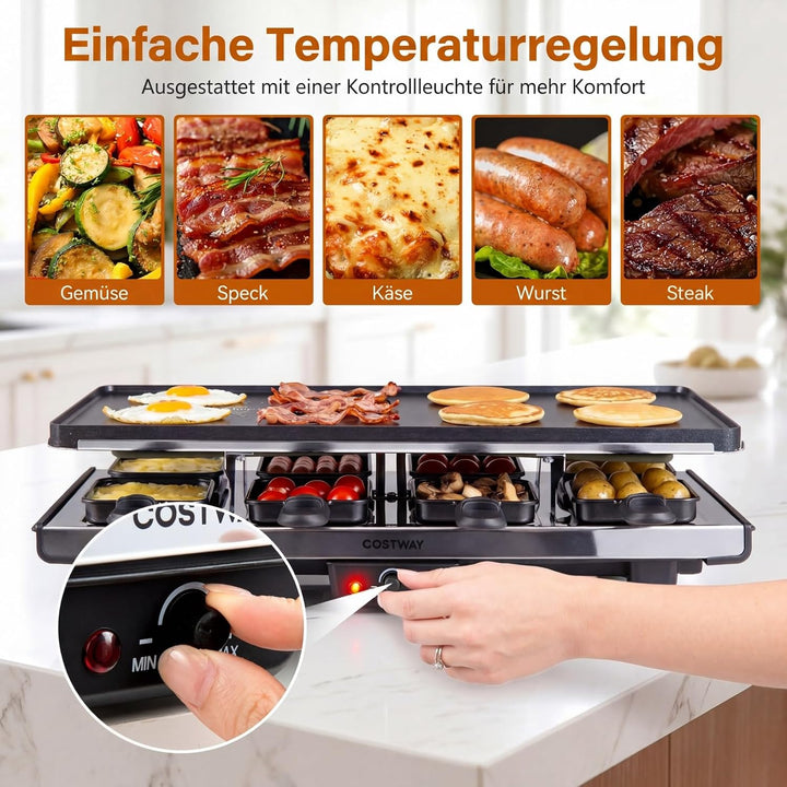COSTWAY Raclette Grill für 8 Personen, elektrischer Grill mit 2-in-1 wendbarer Antihaft-Grillplatte