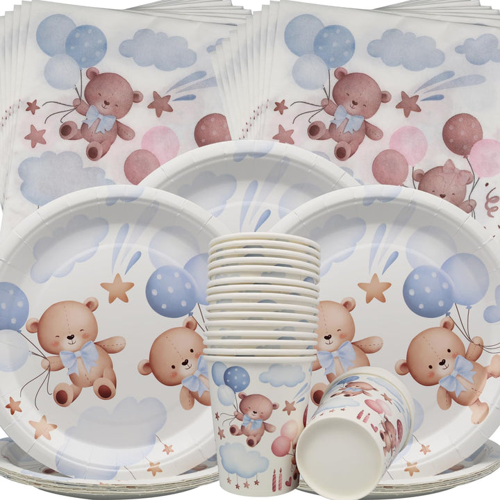 Doyomtoy Plüschbär Partygeschirr,60 Stück Plüschbär Babyparty Deko,Bären-Pappteller Becher,Serviette