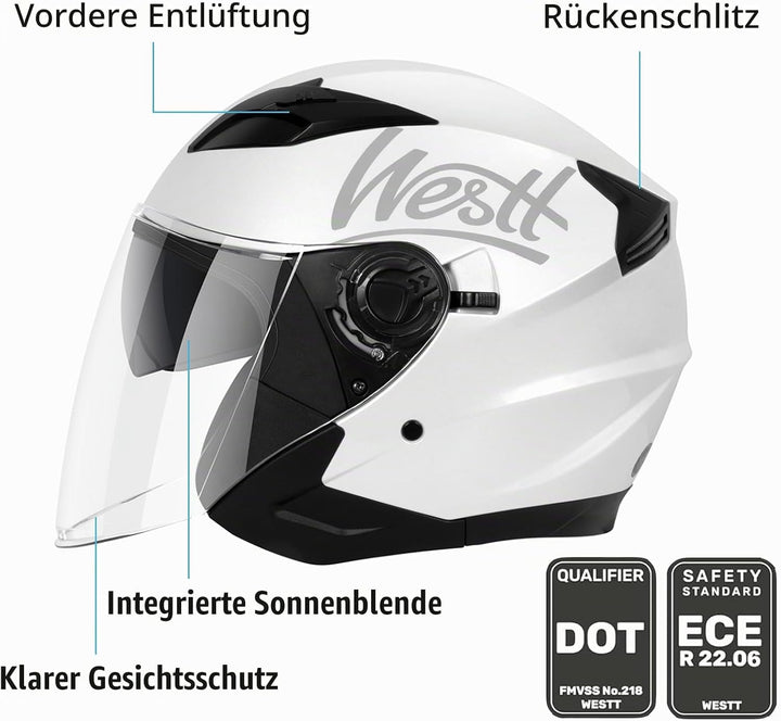 Westt Jethelm Motorradhelm mit Visier und Sonnenblende, ECE 22.06 Zertifiziert, Leichter Open-Face H