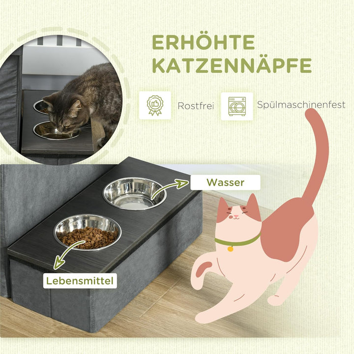 PawHut Katzenhöhle Katzenbett mit Kissen, Treppe, 2 Edelstahlnäpfen, Trennwand, Liegefläche, Katzenh