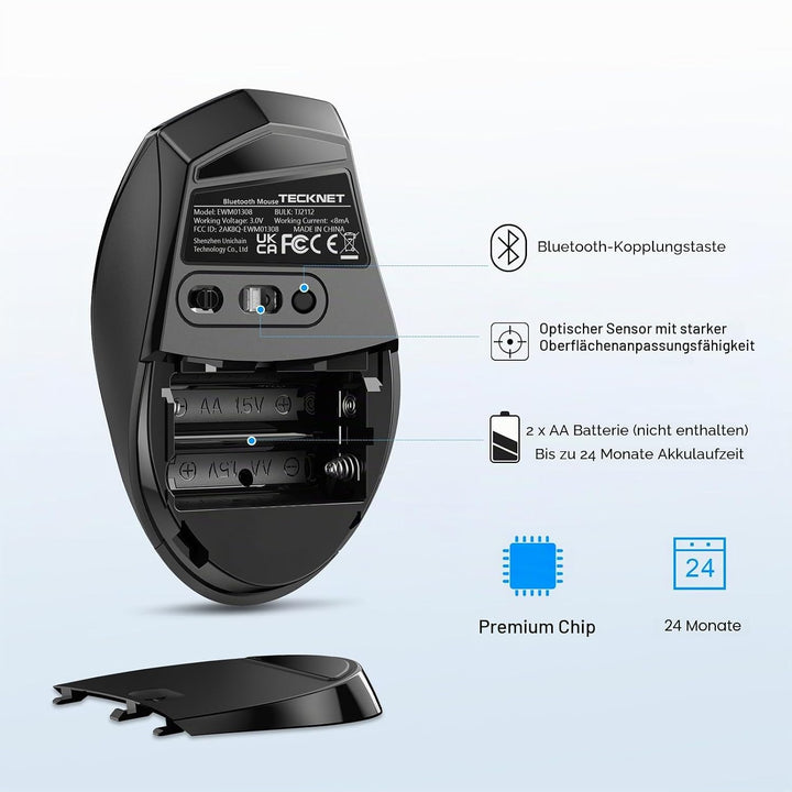 TECKNET Bluetooth-Maus, kabellose Maus 3200 DPI, Akkulaufzeit 24 Monate, Wireless Bluetooth 6 DPI-St