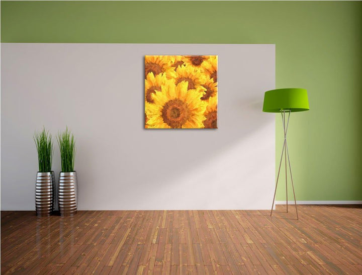 Pixxprint Grosse gelb leuchtende Sonnenblumen als Leinwandbild Quadratisch/Grösse: 70x70 / Wandbild/