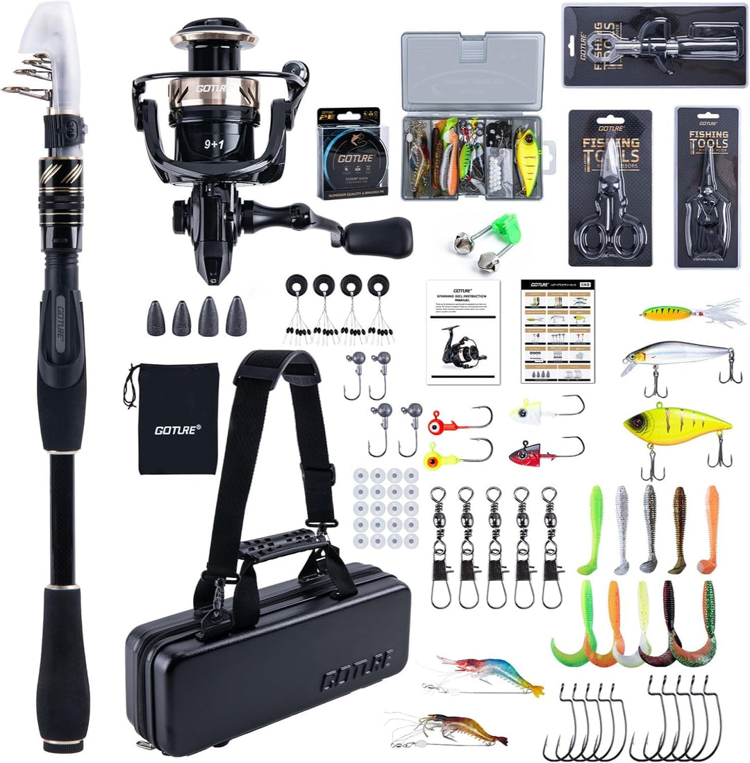 Goture Angelset Komplett, Teleskop-Brandungsrute aus Kohlefaser & Spinnrolle mit 9+1 gekapselten Kug