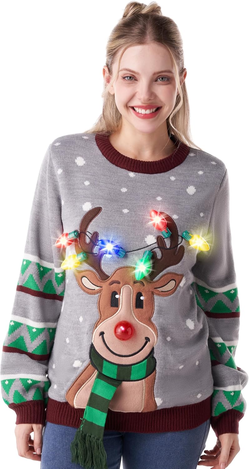 JOYIN Damen LED Beleuchtete Rentier Hässliche Weihnachtspullover Damen mit Integrierten Leuchtmittel