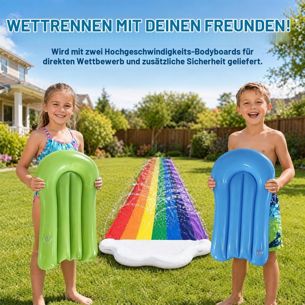 Mineup 480 x 140cm Wasserrutsche Garten, Wasserrutschmatte mit 2 Bodyboards, Doppelrutsche mit Einge
