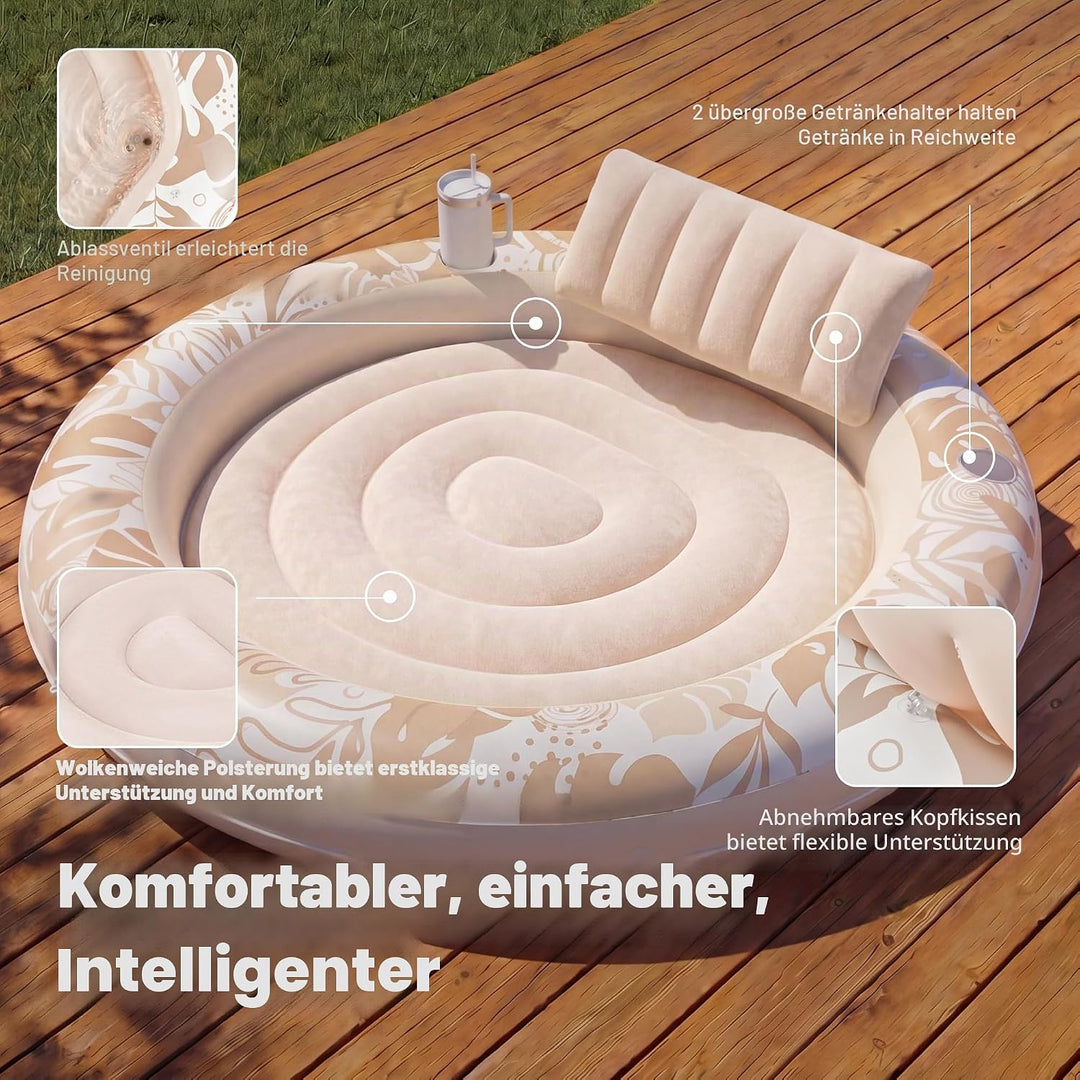Sloosh Aufblasbare Sonnenpool,Luftmatratzte Pool 183 x 165 cm, Schwimmring für Erwachsene mit Kissen