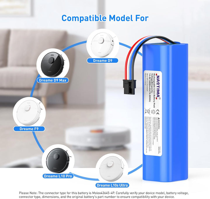 NASTIMA 14,4V 5200mAh Li-ion Ersatzakku für Dreame D9 F9 L10, Li-ion Akku für Dreame D9 Pro, D9 Max,
