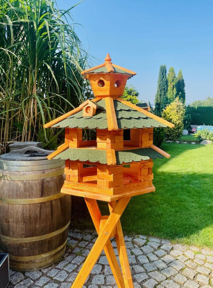 DARLUX Vogelvilla wetterfest von L bis XXL Futterhaus Vogelhaus mit oder ohne Ständer in Braun mit R
