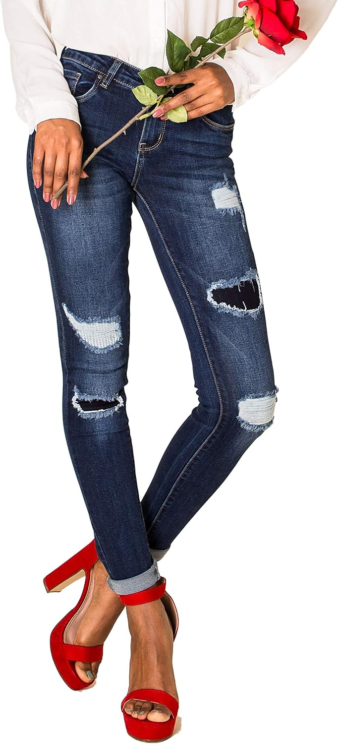 Nina Carter P100 Damen Skinny Fit Low Waist Jeanshosen mit Destroyed-Effekten Used-Look Jeans Waschu