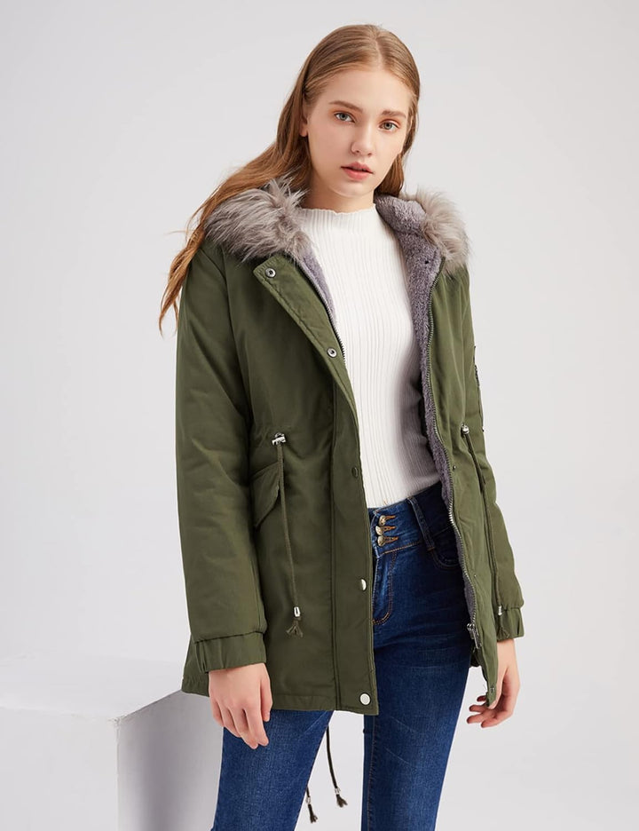 Tuopuda Winterjacke Damen Lang Wintermantel Warm Winter Jacke mit Kapuze Reissverschluss Parka Fleec