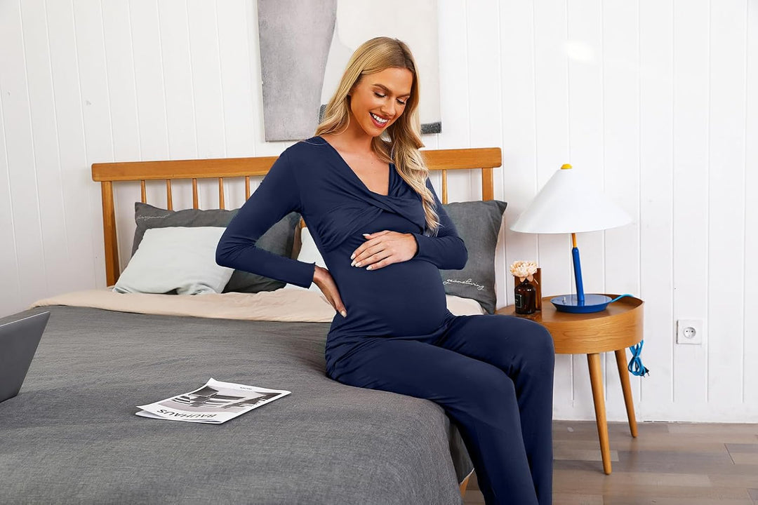 Stillpyjama Damen Lang Stillschlafanzug Baumwolle Umstandspyjama Lang Schwangerschaft Pyjama Stillfu