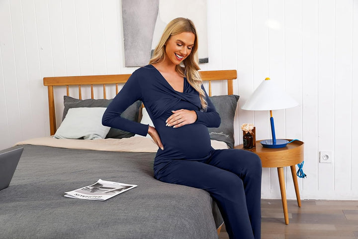 Stillpyjama Damen Lang Stillschlafanzug Baumwolle Umstandspyjama Lang Schwangerschaft Pyjama Stillfu