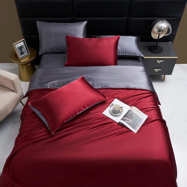 YASMENG Satin Bettwäsche 135x200 Rot Weinrot Dunkelgrau Wendebettwäsche Seide Bettwäsche Glatt Glänz