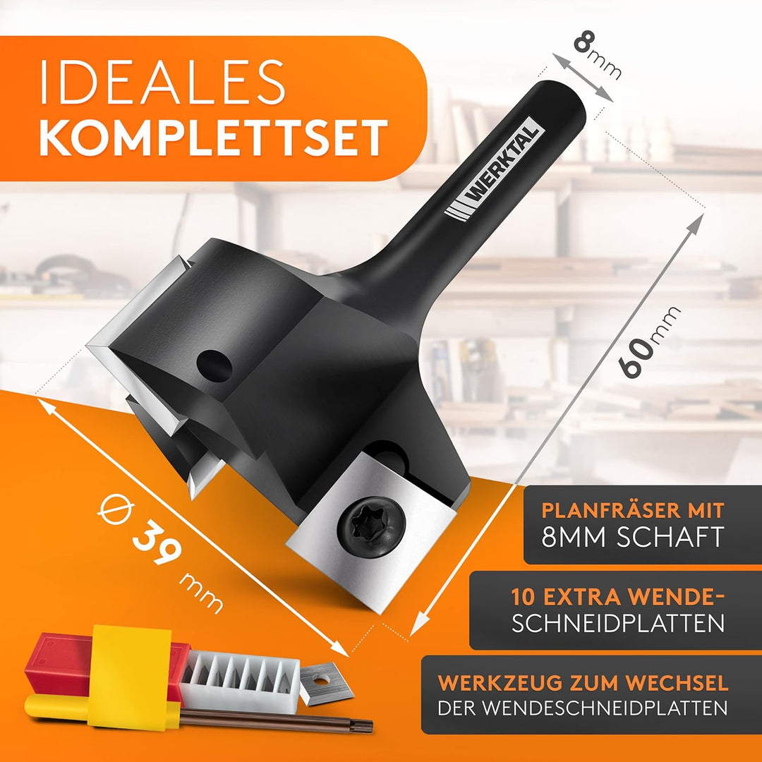 WERKTAL - Planfräser 8mm Schaft [39mm Durchmesser] - Präziser Hobelfräser mit 10 extra Wendeschneidp
